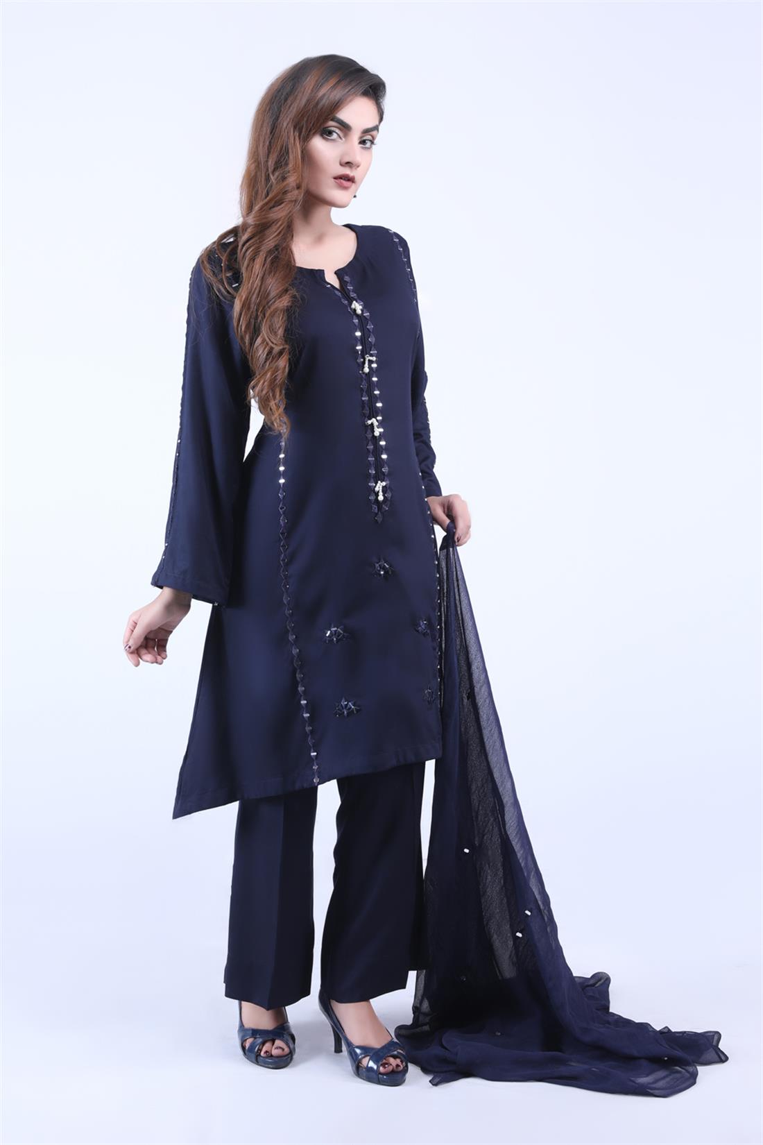 Navy Blue Mirror Work Chiffon Zoya Collections