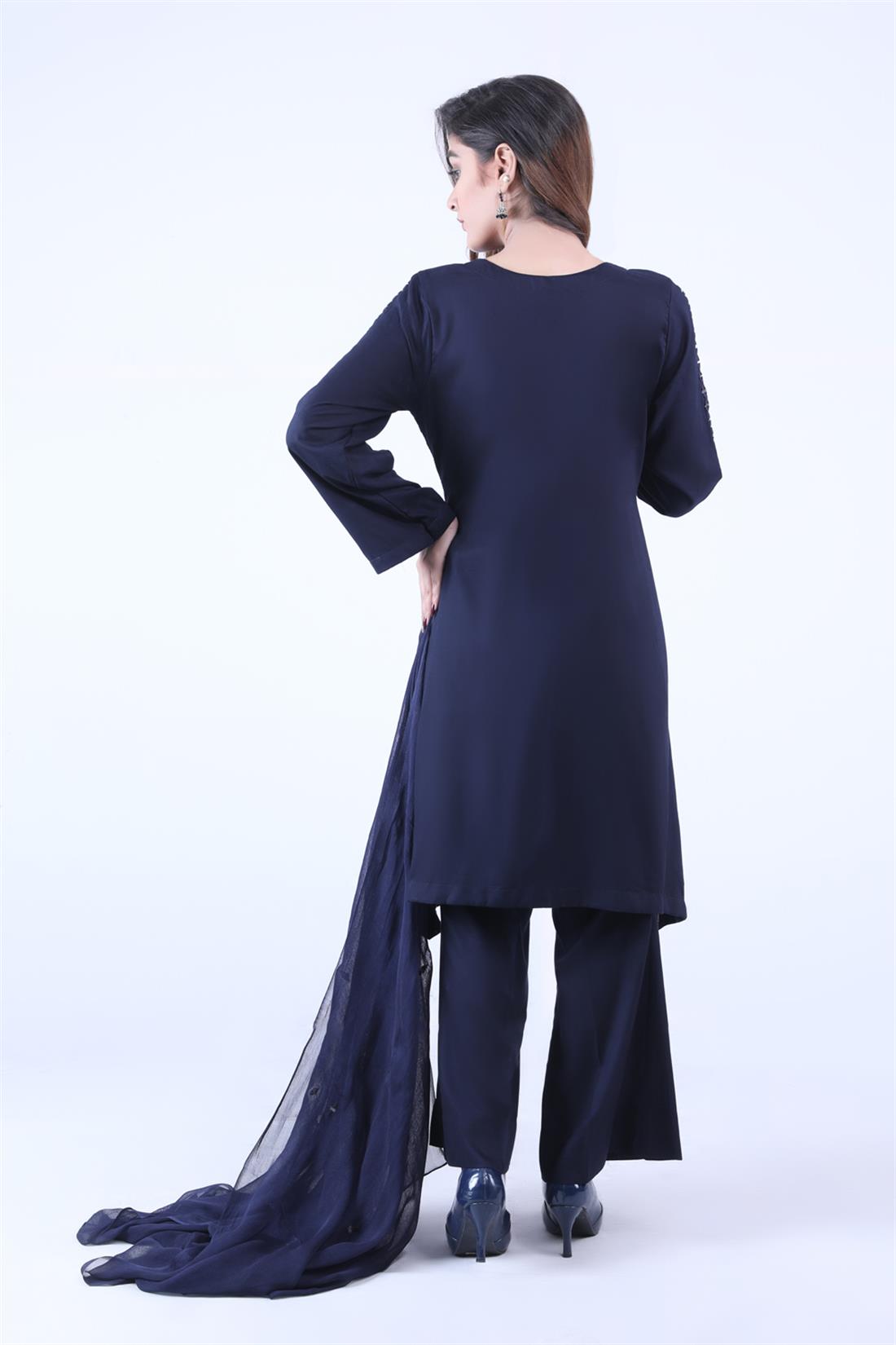 Navy Blue Mirror Work Chiffon Zoya Collections