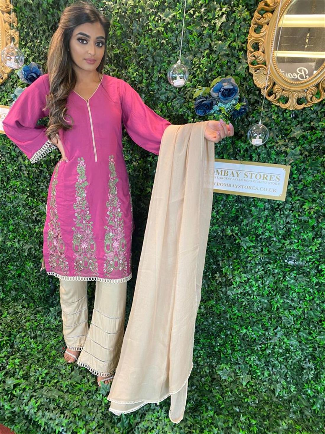 Pink & Gold Embroidered Chiffon Karandi Fabric 3 Piece Readymade Suit with Dupatta