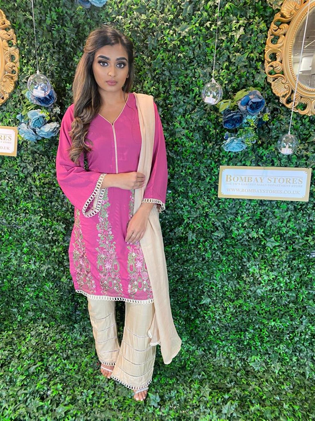 Pink & Gold Embroidered Chiffon Karandi Fabric 3 Piece Readymade Suit with Dupatta