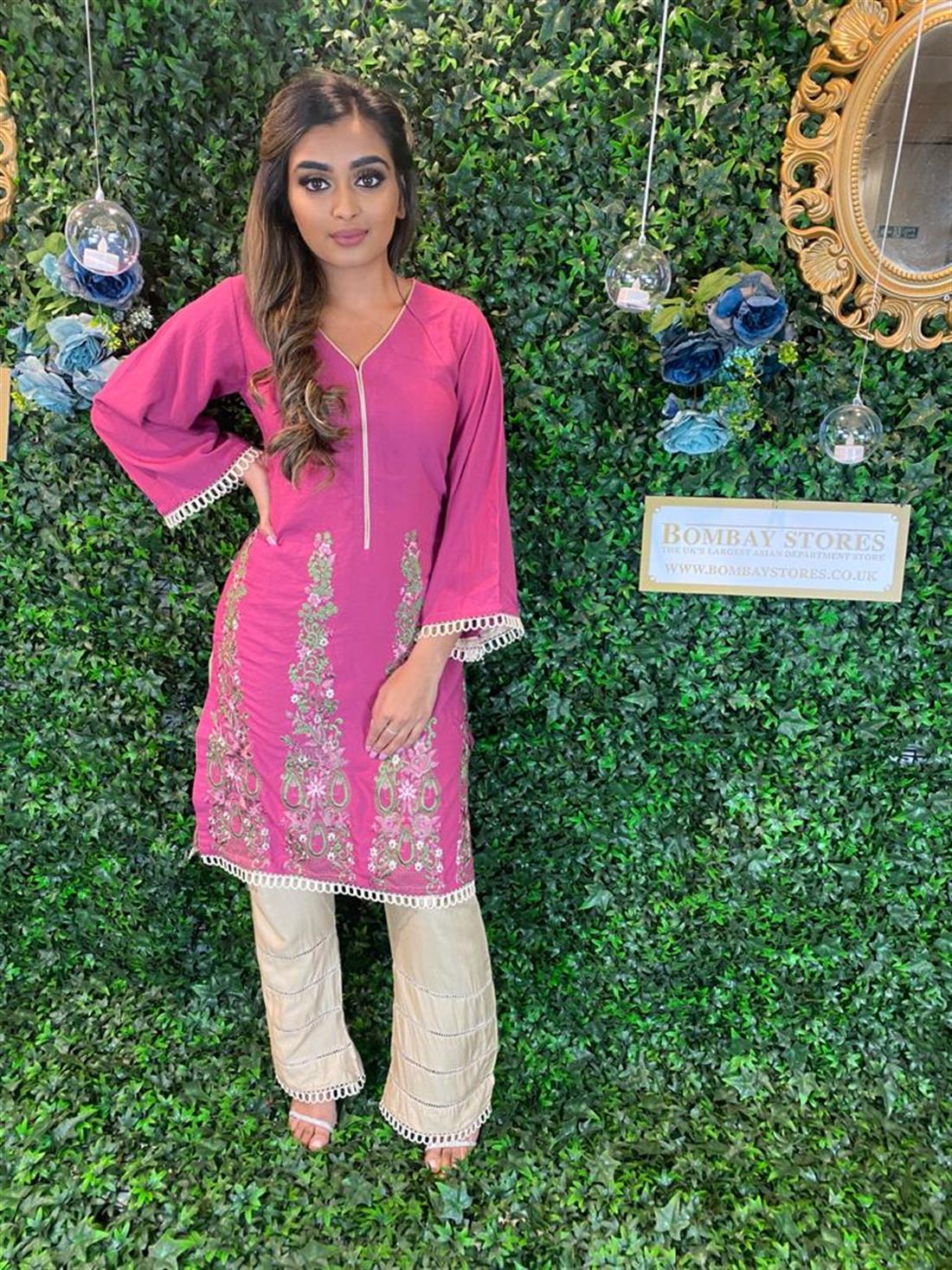 Pink & Gold Embroidered Chiffon Karandi Fabric 3 Piece Readymade Suit with Dupatta