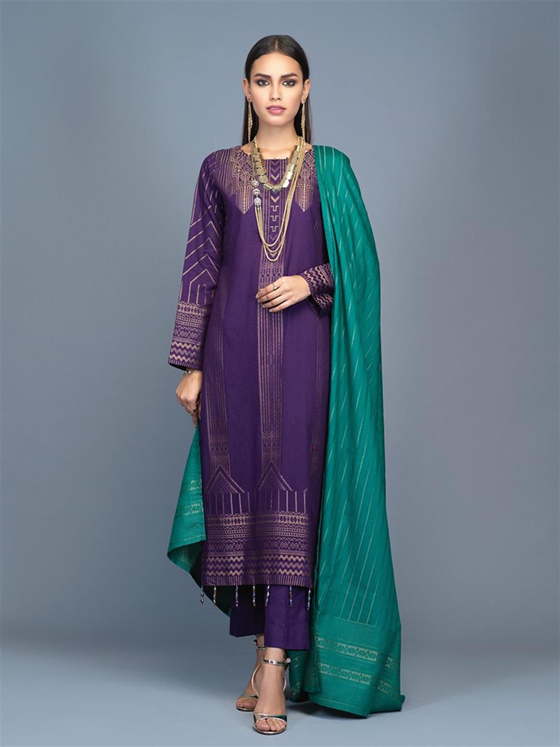 Purple 3 Piece Jacquard Shirt with Dupatta & Trouser