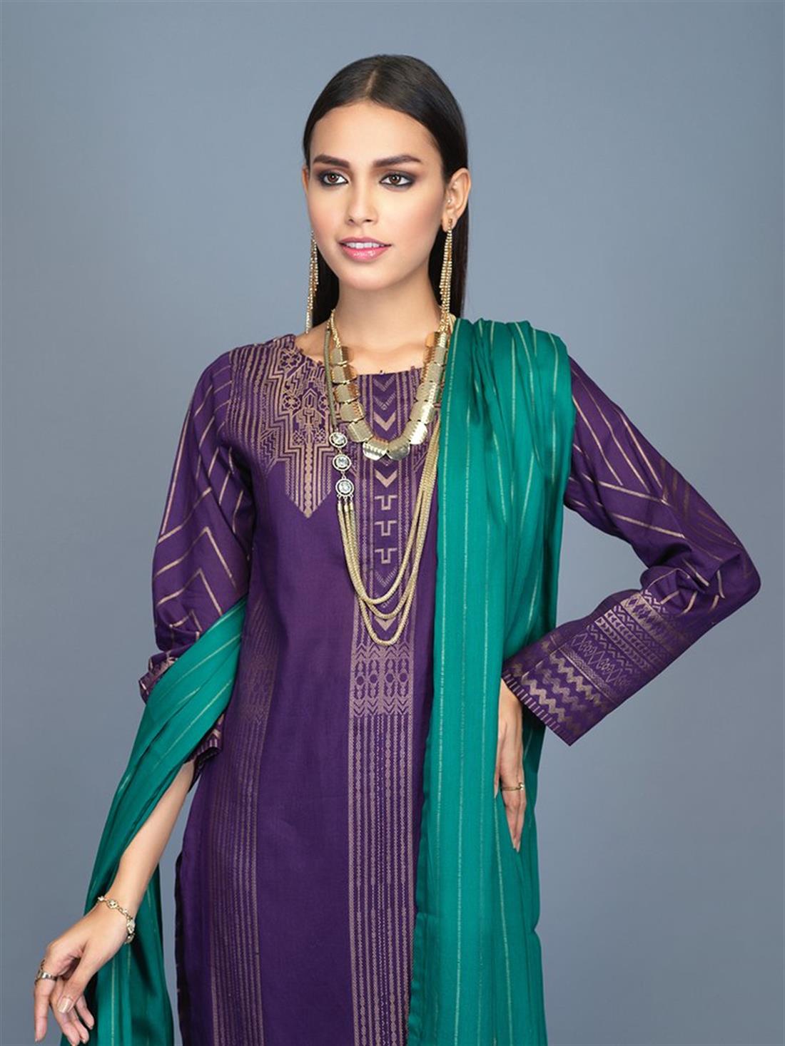 Purple 3 Piece Jacquard Shirt with Dupatta & Trouser