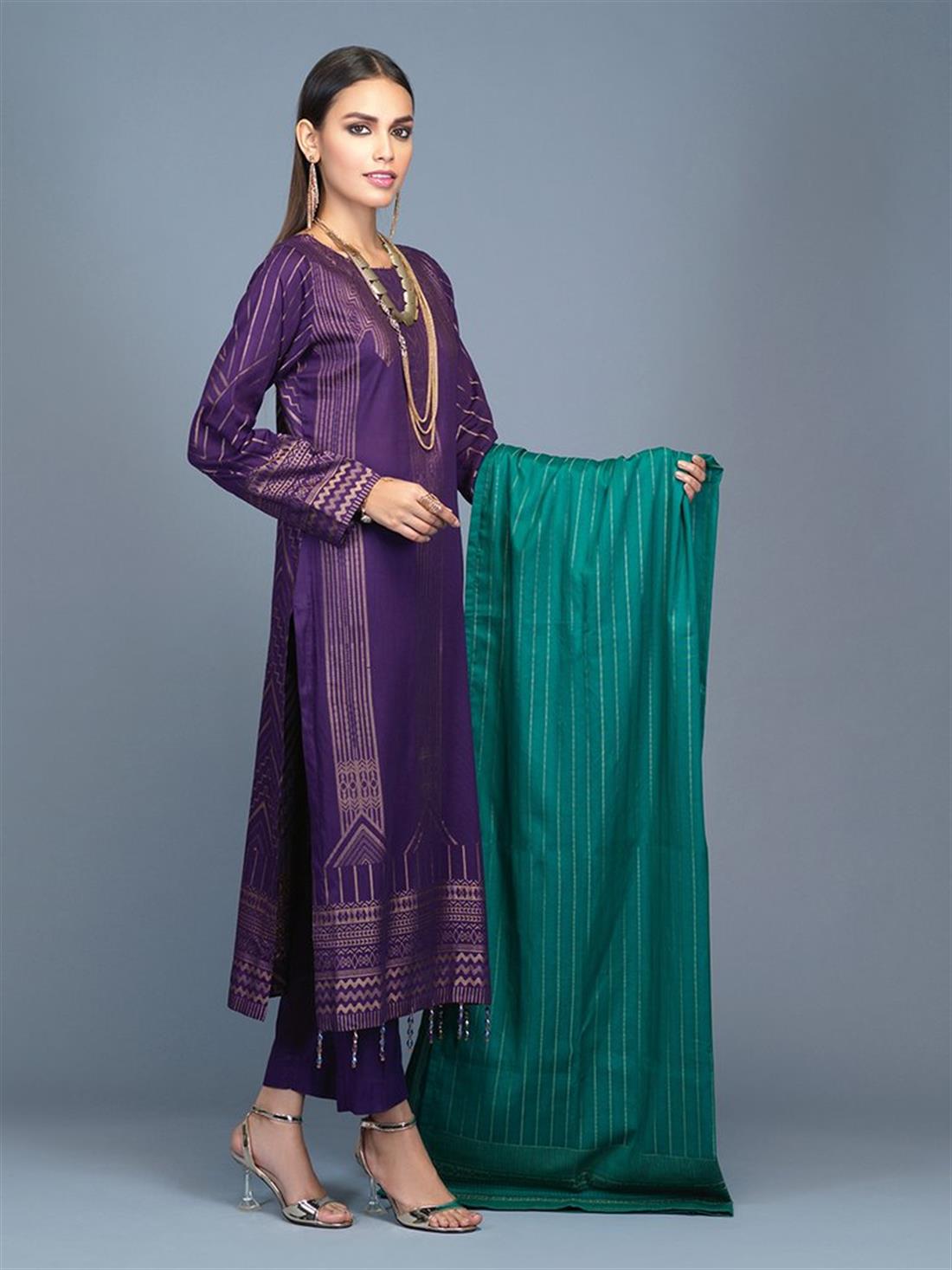 Purple 3 Piece Jacquard Shirt with Dupatta & Trouser