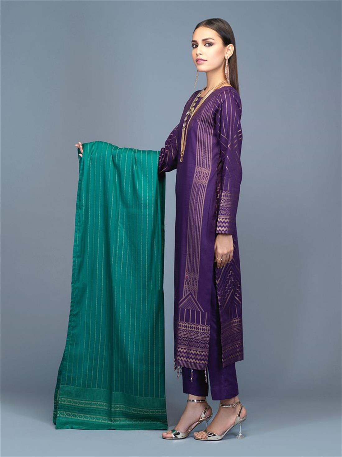 Purple 3 Piece Jacquard Shirt with Dupatta & Trouser