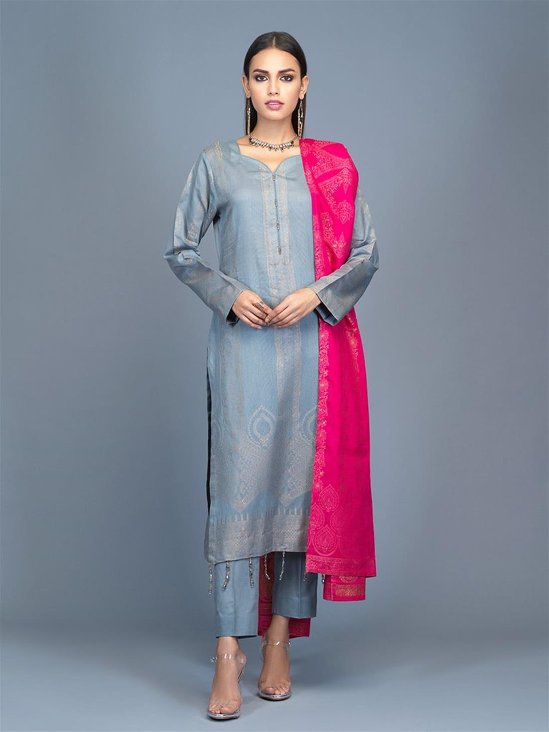 Grey Blue Jacquard Ladies Readymade