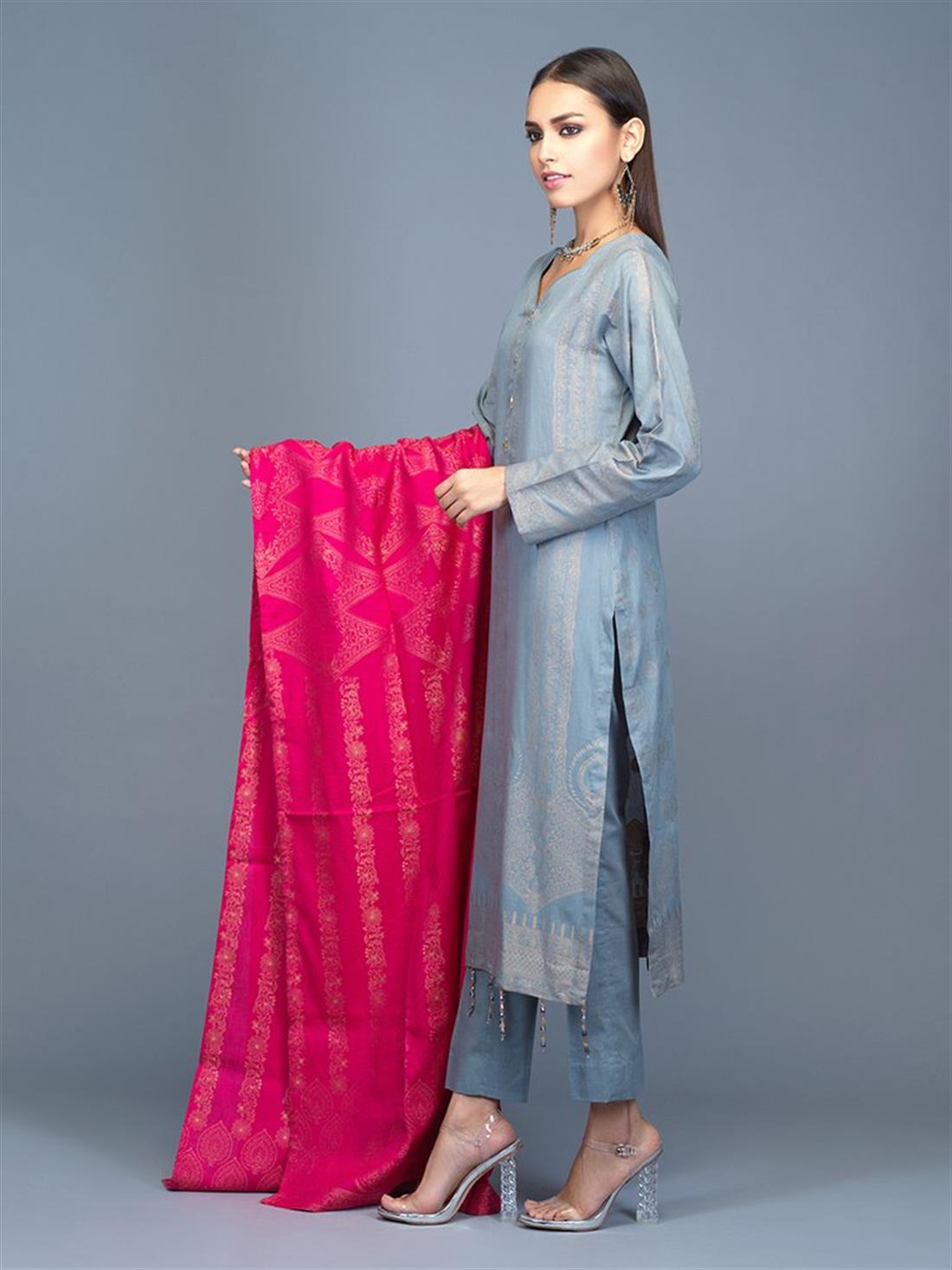 Grey Blue Jacquard Ladies Readymade