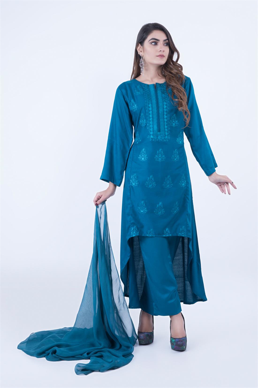 Dark Turquoise Embroidered Chiffon Ladies Readymade