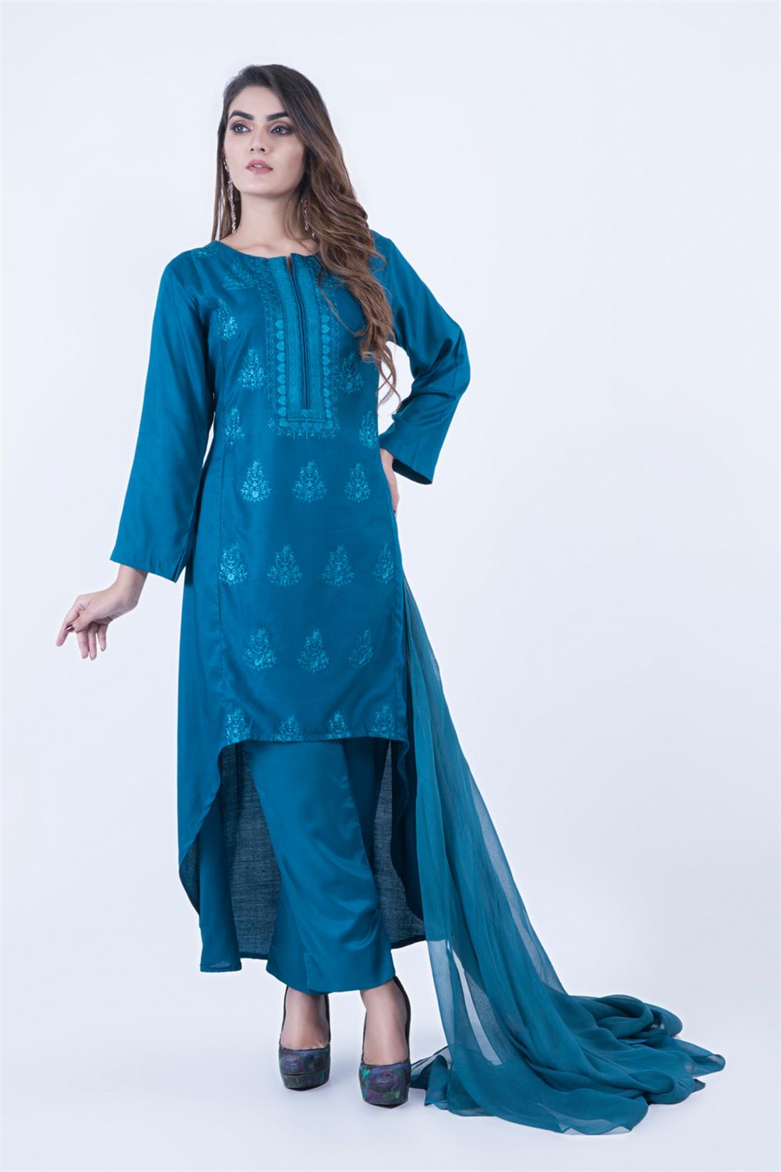 Dark Turquoise Embroidered Chiffon Ladies Readymade