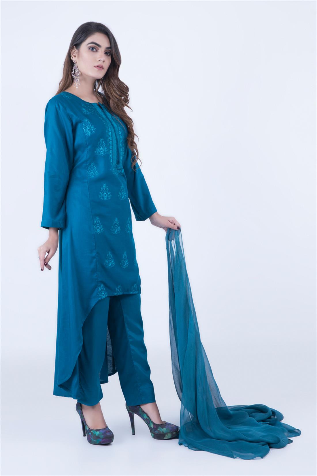 Dark Turquoise Embroidered Chiffon Ladies Readymade