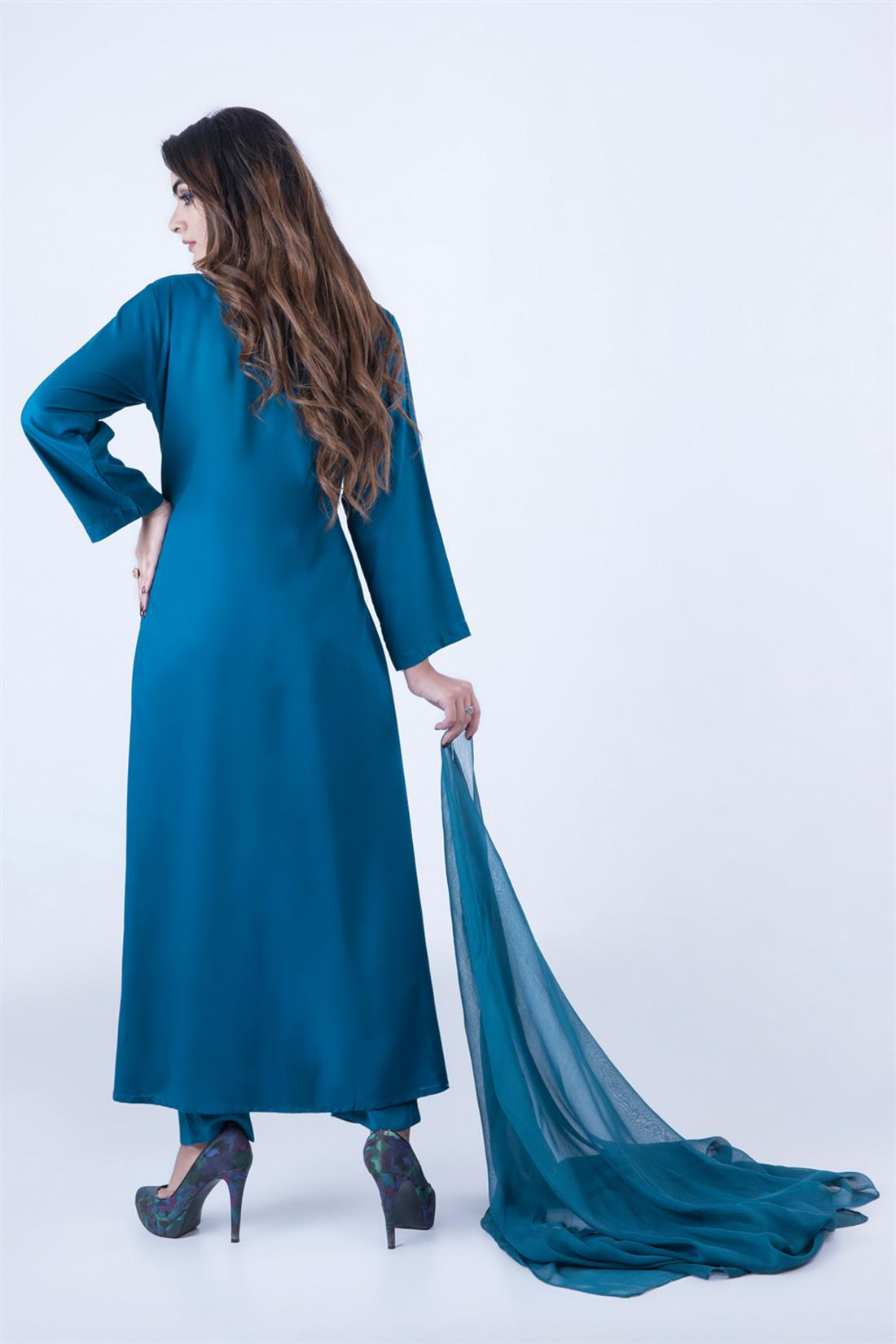 Dark Turquoise Embroidered Chiffon Ladies Readymade