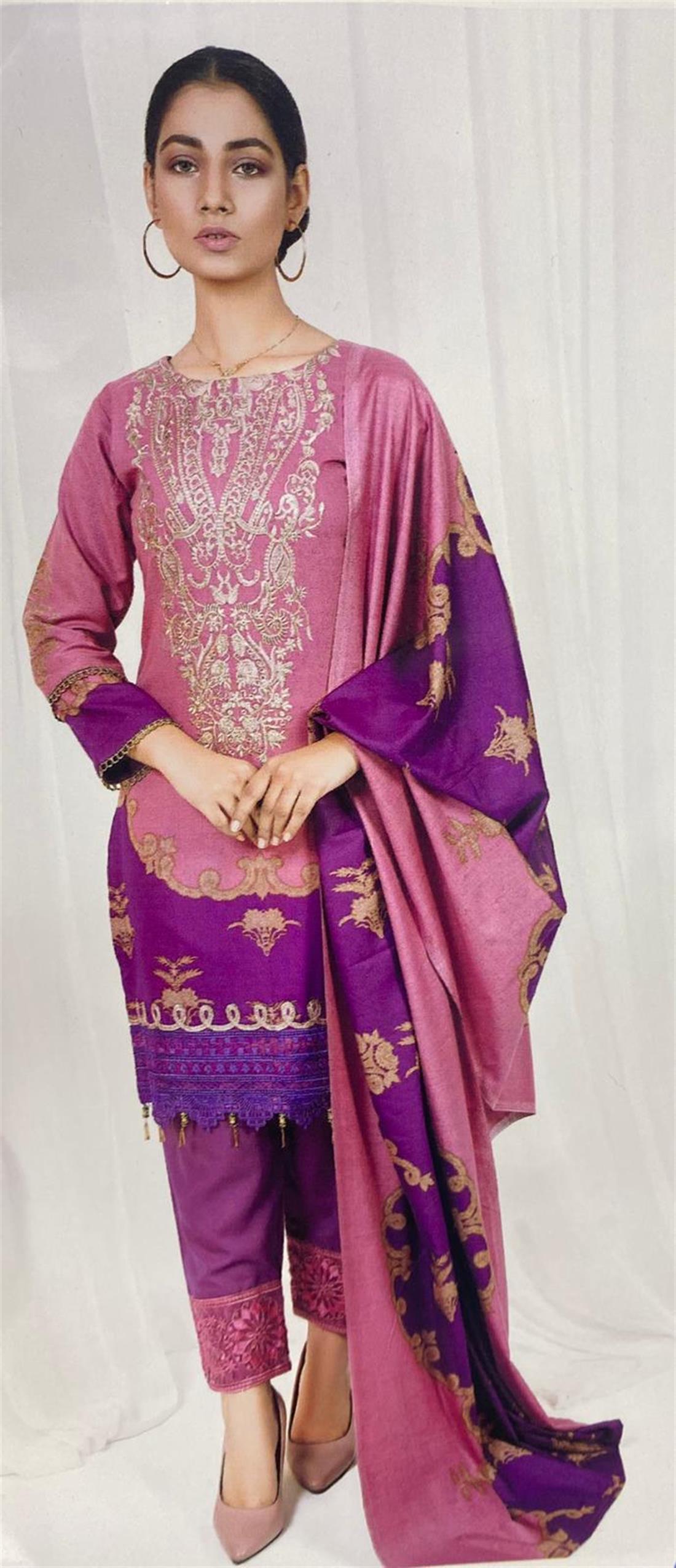Pink & Purple Embroidered Pink/Purple 3 Piece Dhanak Suit with Printed Dupatta