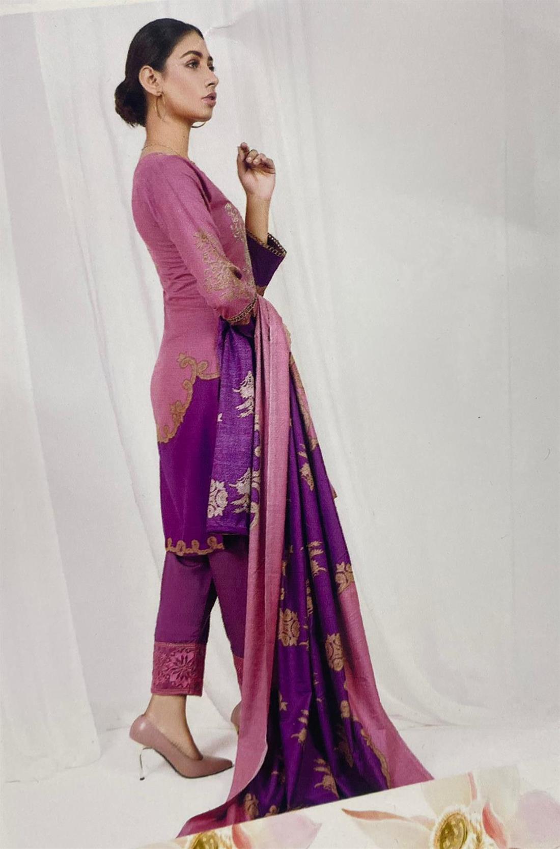 Pink & Purple Embroidered Pink/Purple 3 Piece Dhanak Suit with Printed Dupatta