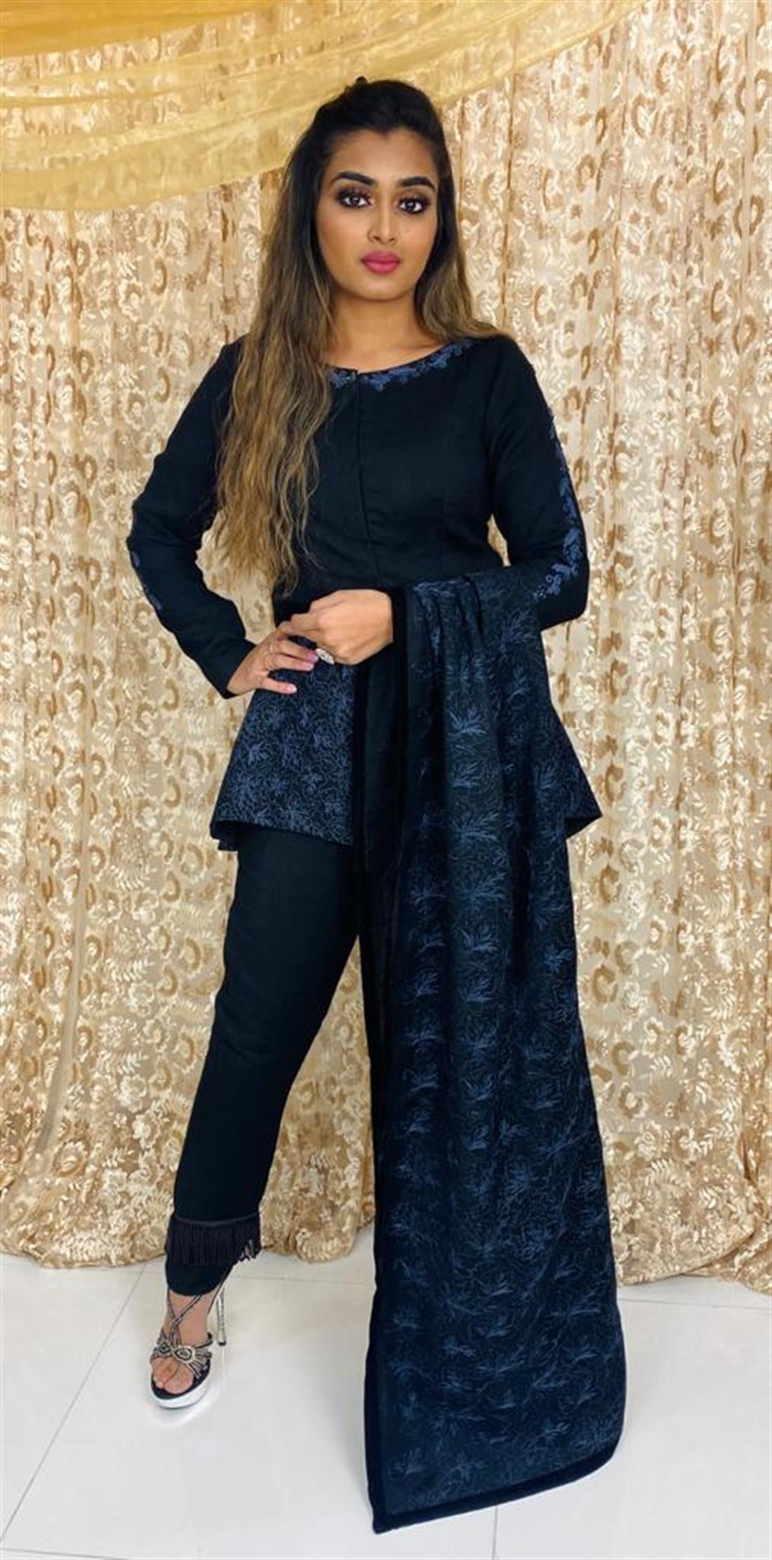 Black Embroidered Velvet Readymade Woolen Peplum with Shawl