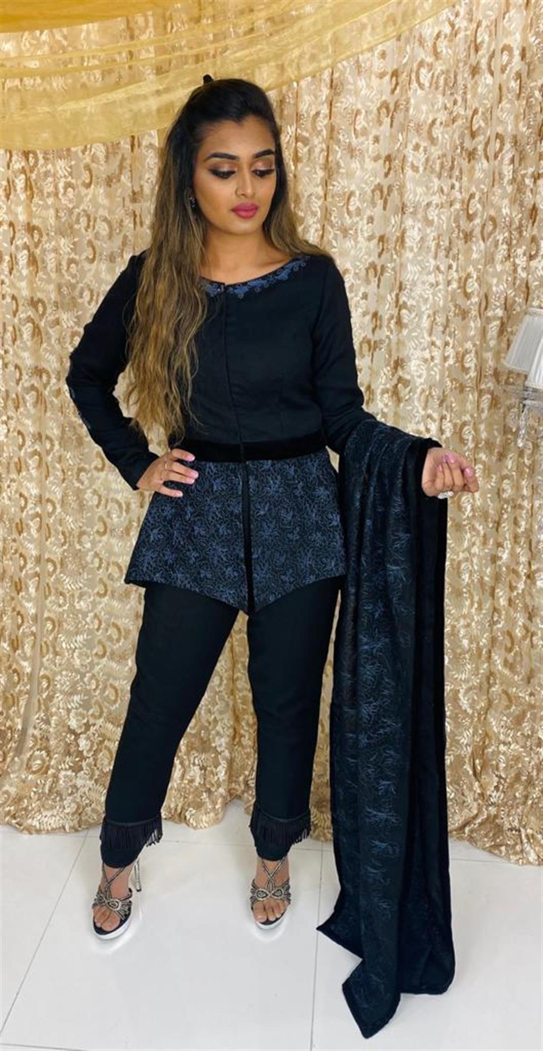 Black Embroidered Velvet Readymade Woolen Peplum with Shawl