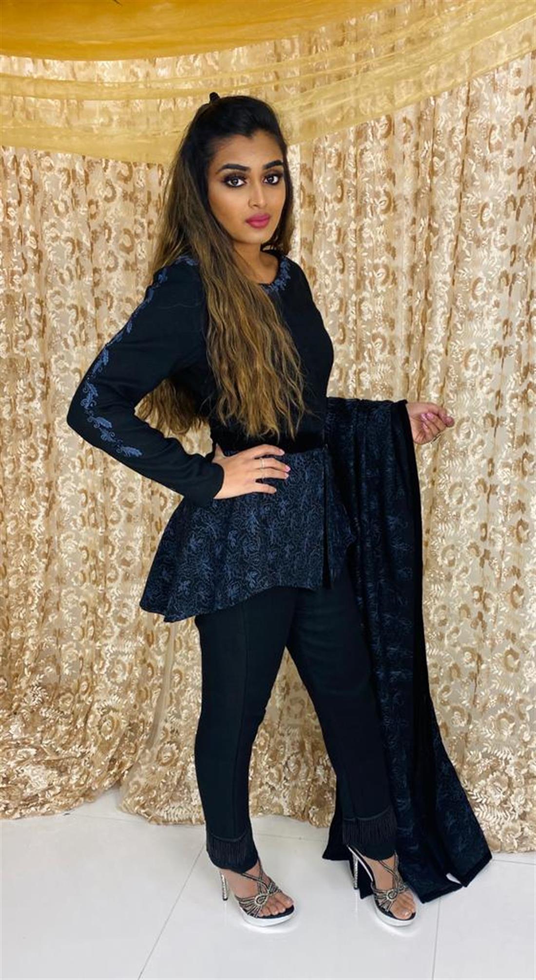 Black Embroidered Velvet Readymade Woolen Peplum with Shawl