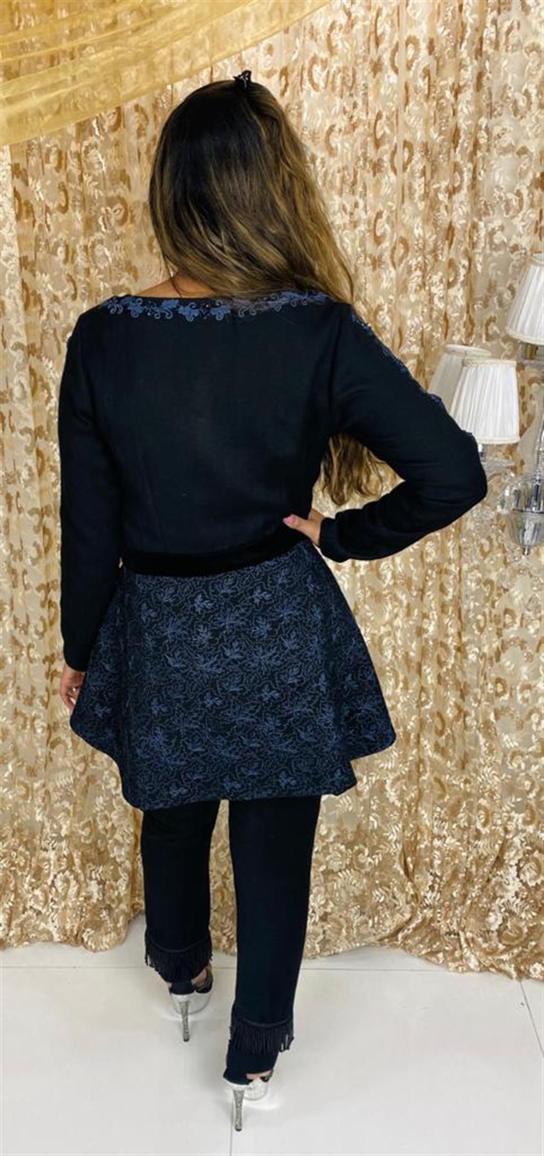 Black Embroidered Velvet Readymade Woolen Peplum with Shawl