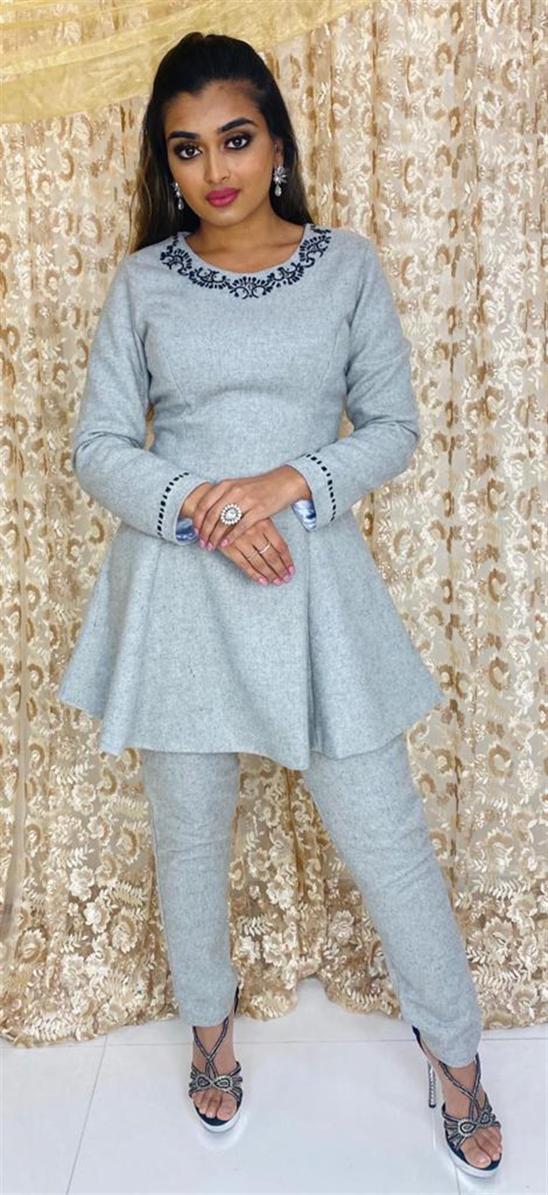 Light Grey Stone Work Readymade Woolen Peplum & Trouser