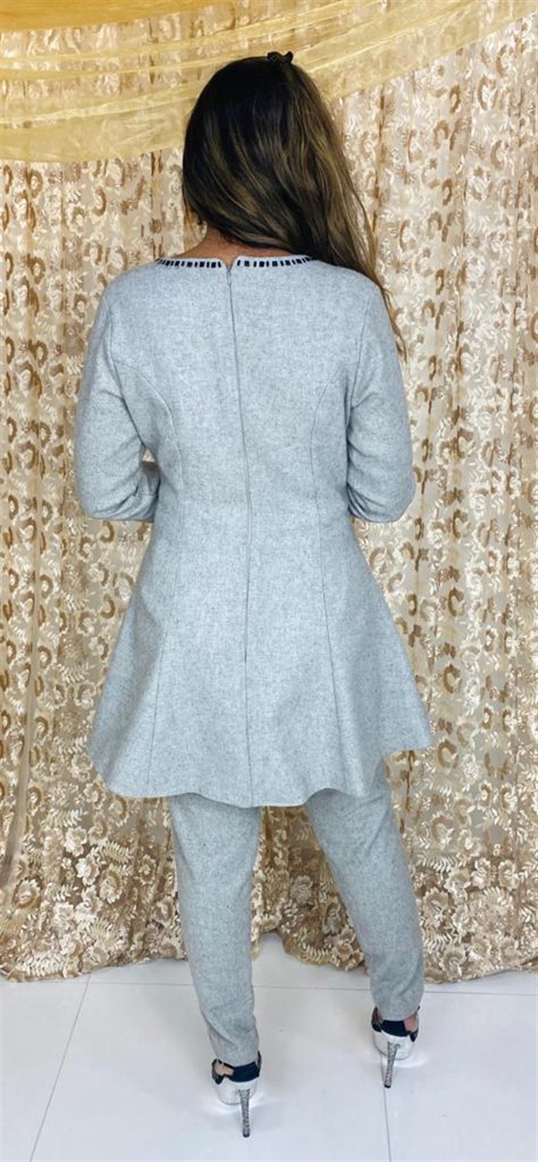 Light Grey Stone Work Readymade Woolen Peplum & Trouser