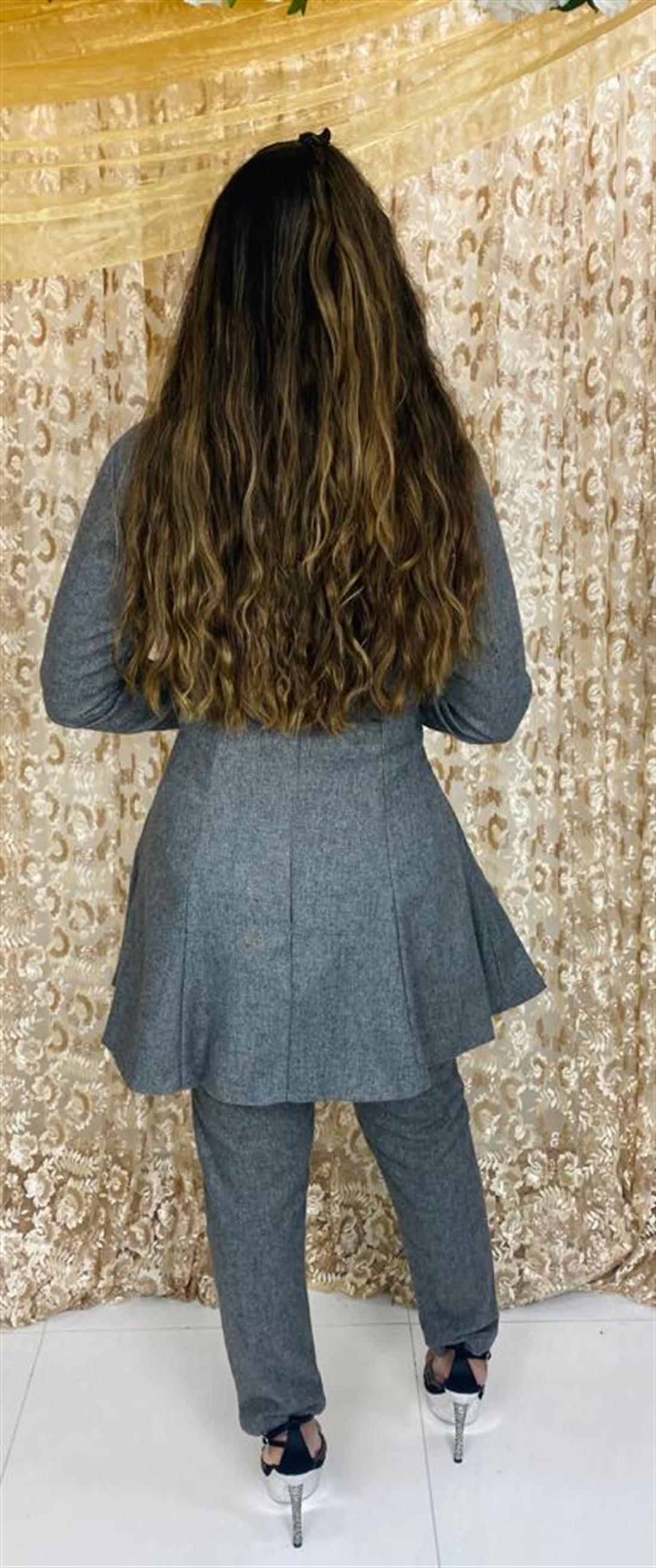 Dark Grey Stone Work Readymade Soft Woolen Peplum with Trouser