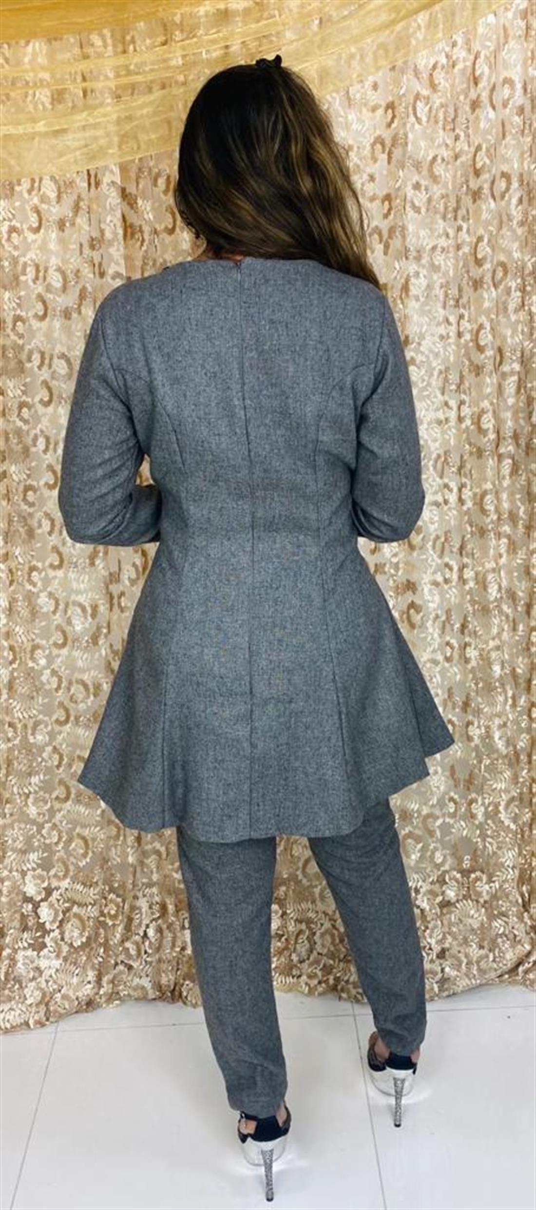 Dark Grey Stone Work Readymade Soft Woolen Peplum with Trouser
