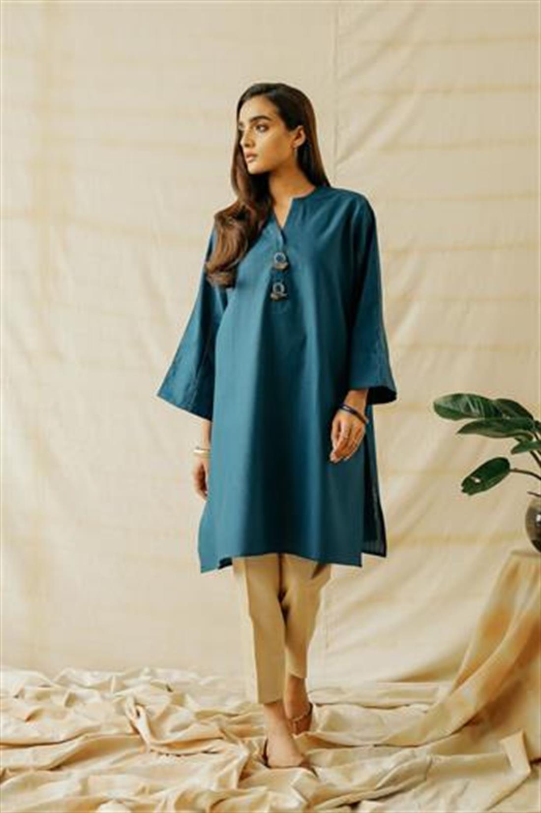 Teal Blue 1 Piece Readymade Cotton Linen Shirt