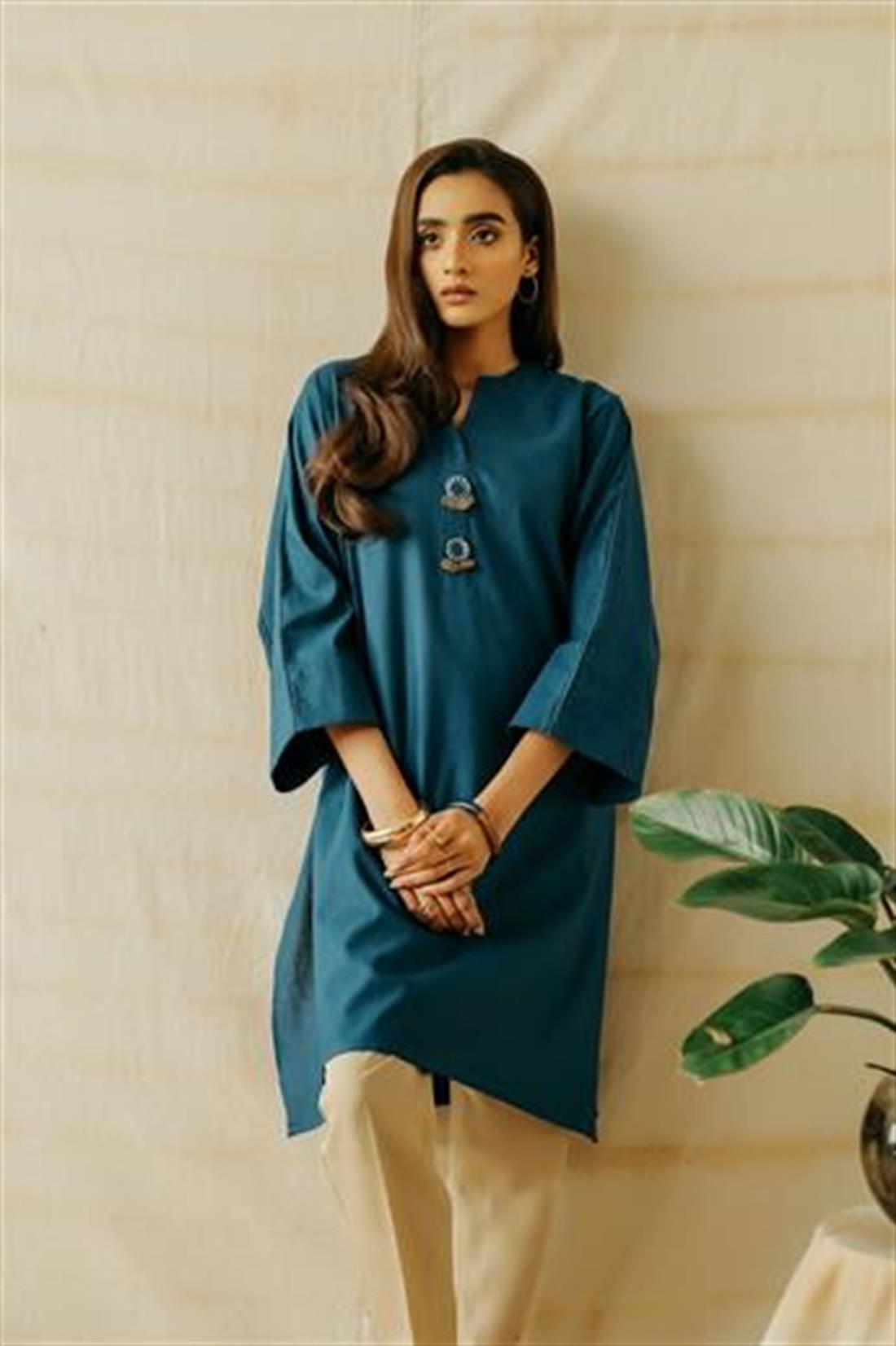 Teal Blue 1 Piece Readymade Cotton Linen Shirt