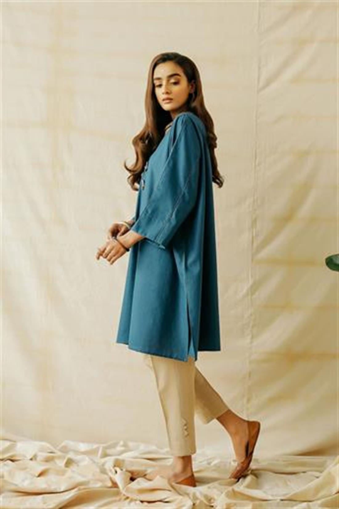 Teal Blue 1 Piece Readymade Cotton Linen Shirt