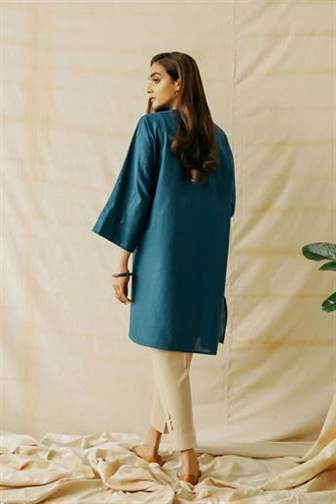 Teal Blue 1 Piece Readymade Cotton Linen Shirt