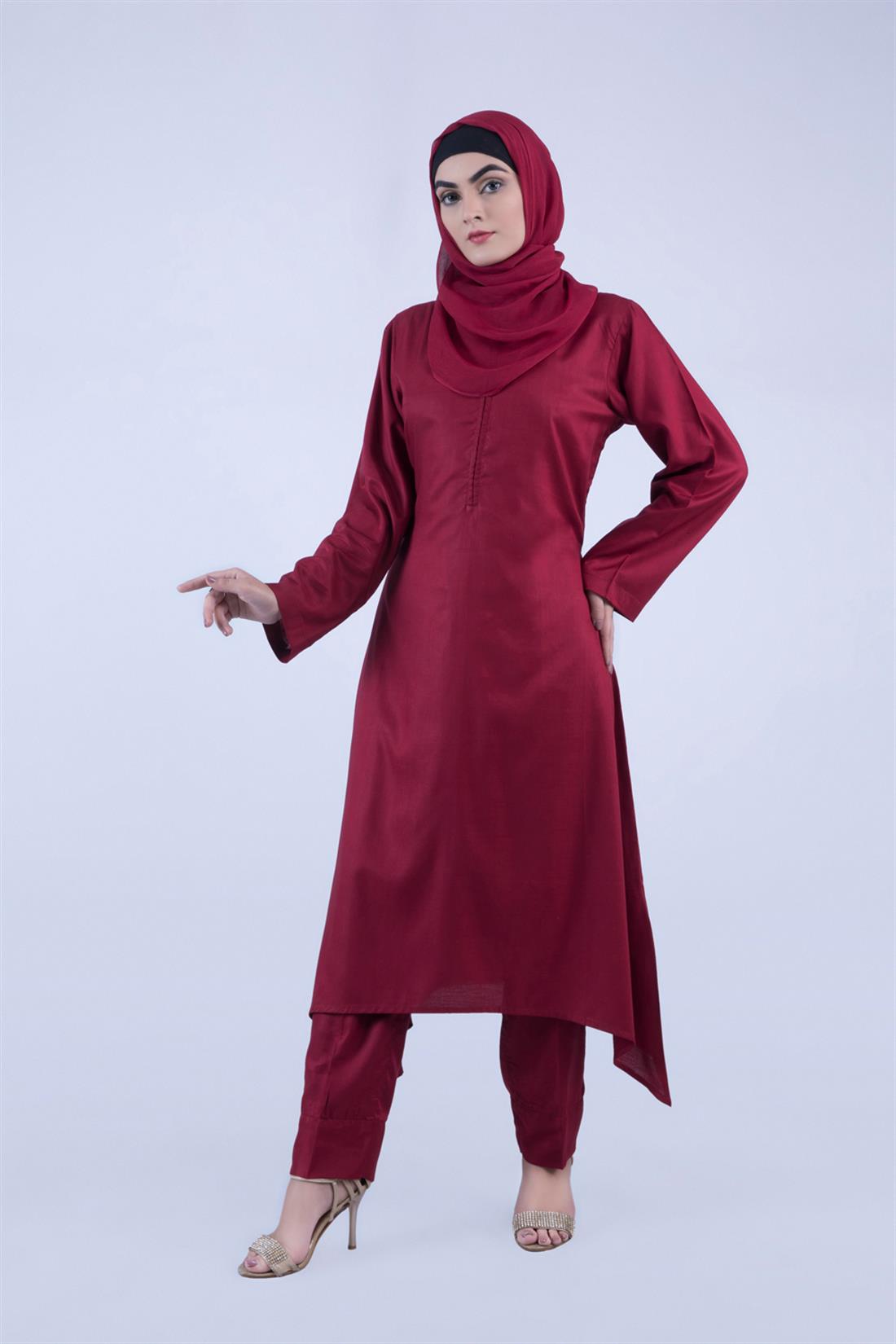 Maroon 3 Piece Kameez with Chiffon Dupatta & Trouser