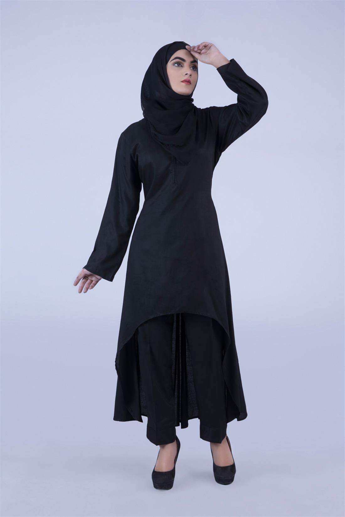 Black 3 Piece Kameez with Chiffon Dupatta & Trouser