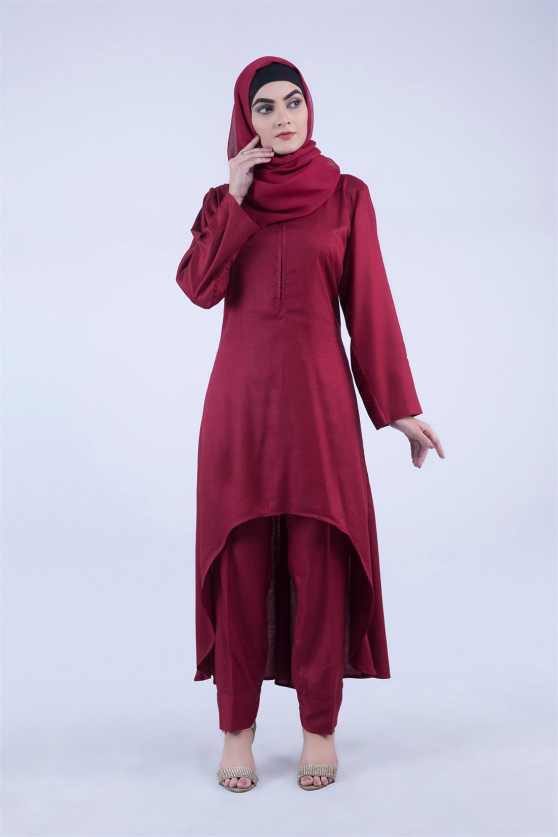 Maroon Readymade Suit with Chiffon Dupatta & Trouser