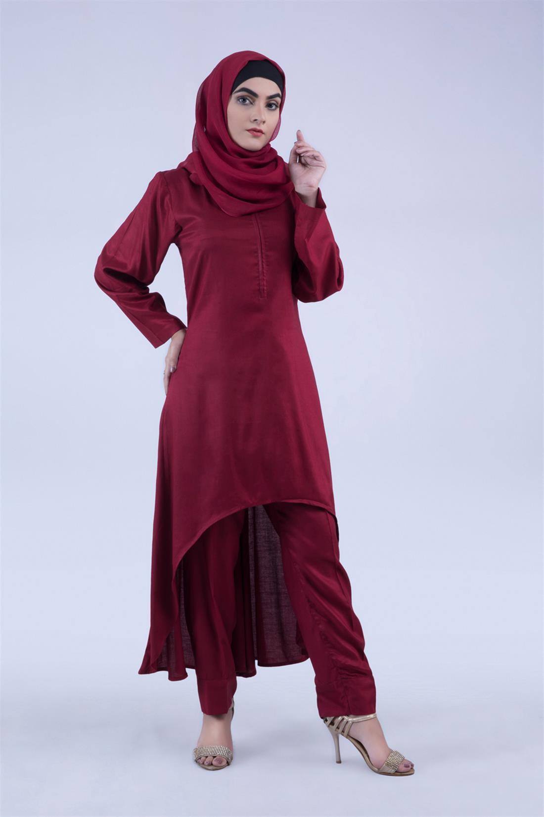 Maroon Readymade Suit with Chiffon Dupatta & Trouser