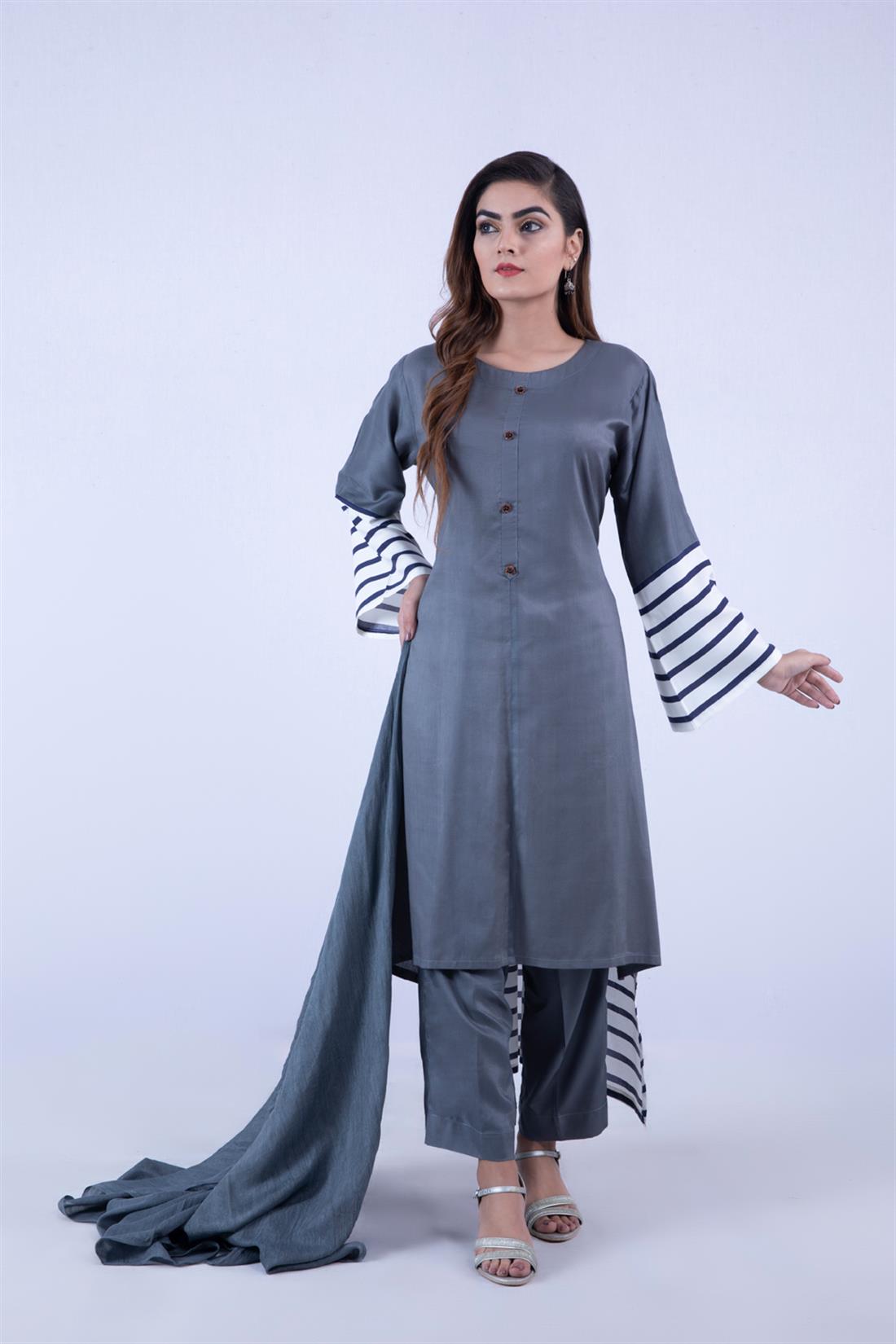 Grey Maroon Readymade Suit with Chiffon Dupatta & Trouser