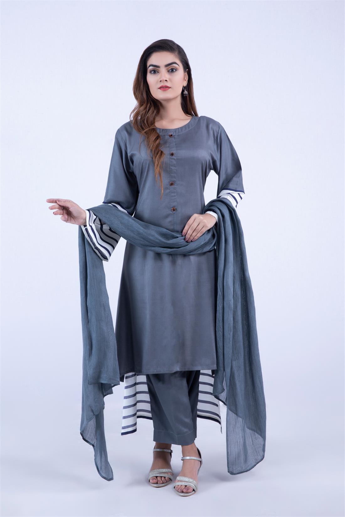 Grey Maroon Readymade Suit with Chiffon Dupatta & Trouser