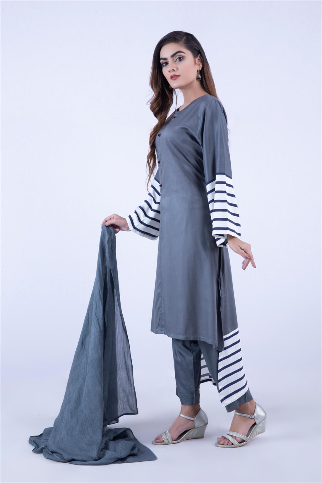 Grey Maroon Readymade Suit with Chiffon Dupatta & Trouser