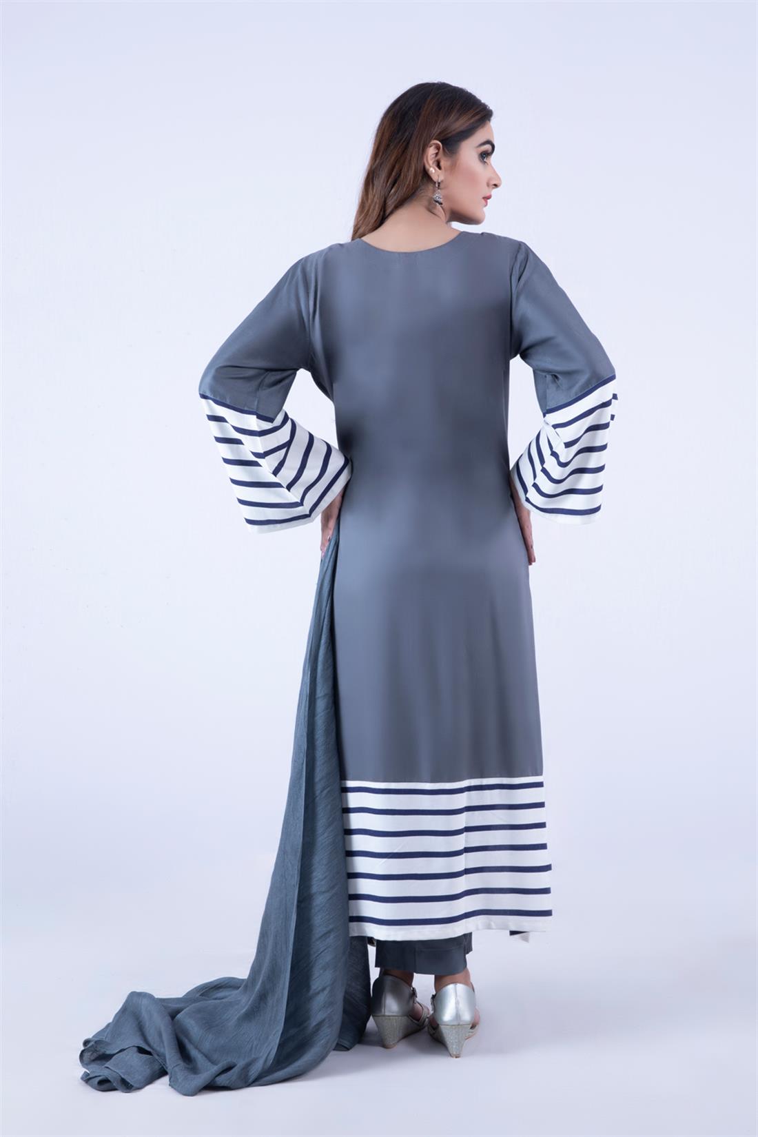 Grey Maroon Readymade Suit with Chiffon Dupatta & Trouser