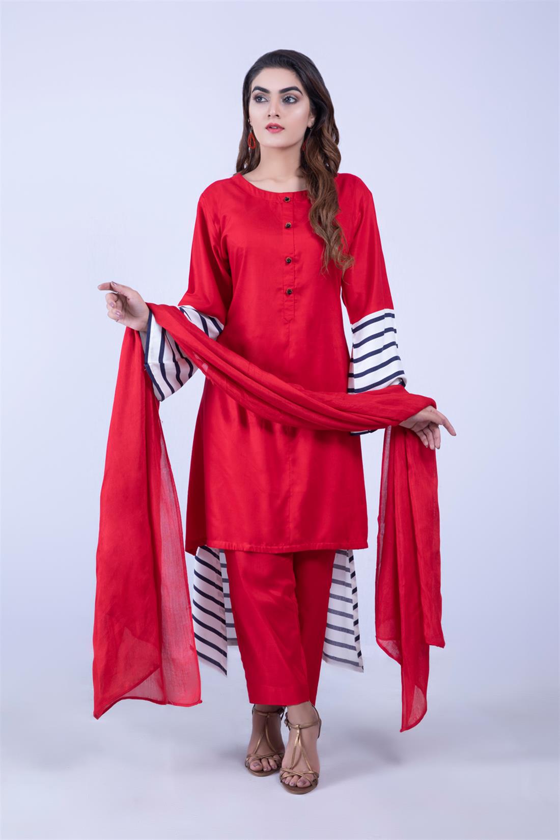 Red Maroon Readymade Suit with Chiffon Dupatta & Trouser