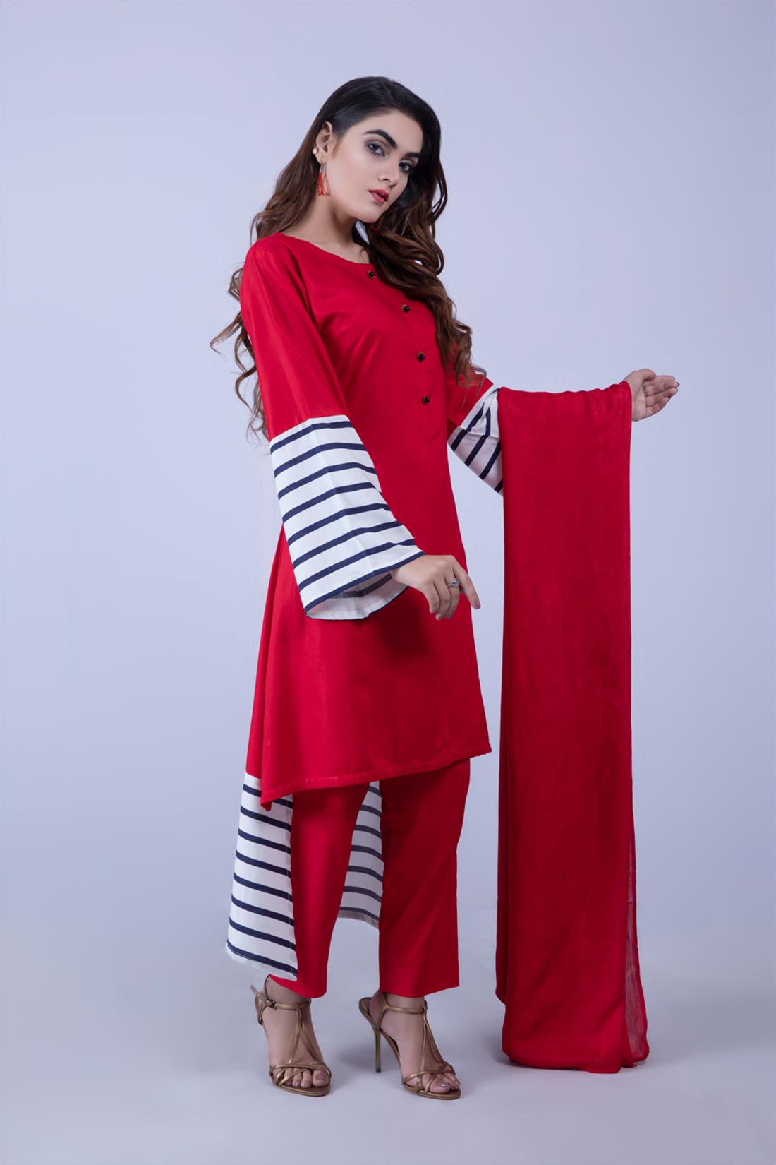 Red Maroon Readymade Suit with Chiffon Dupatta & Trouser
