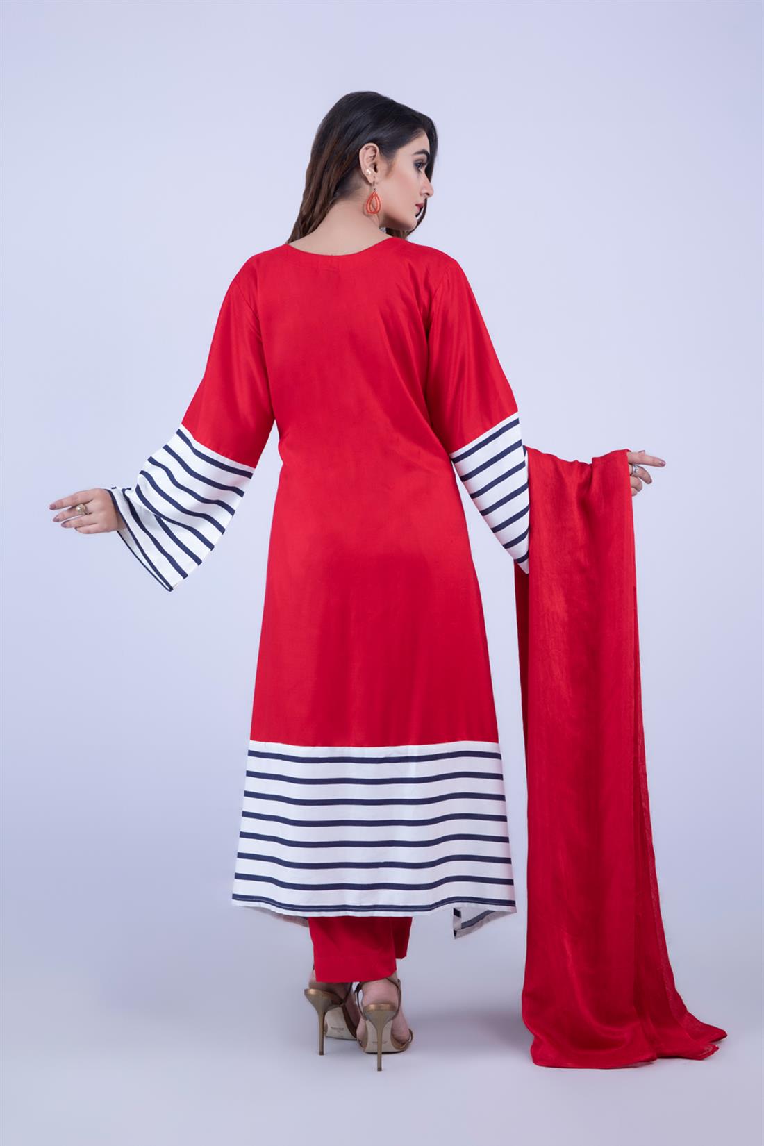 Red Maroon Readymade Suit with Chiffon Dupatta & Trouser
