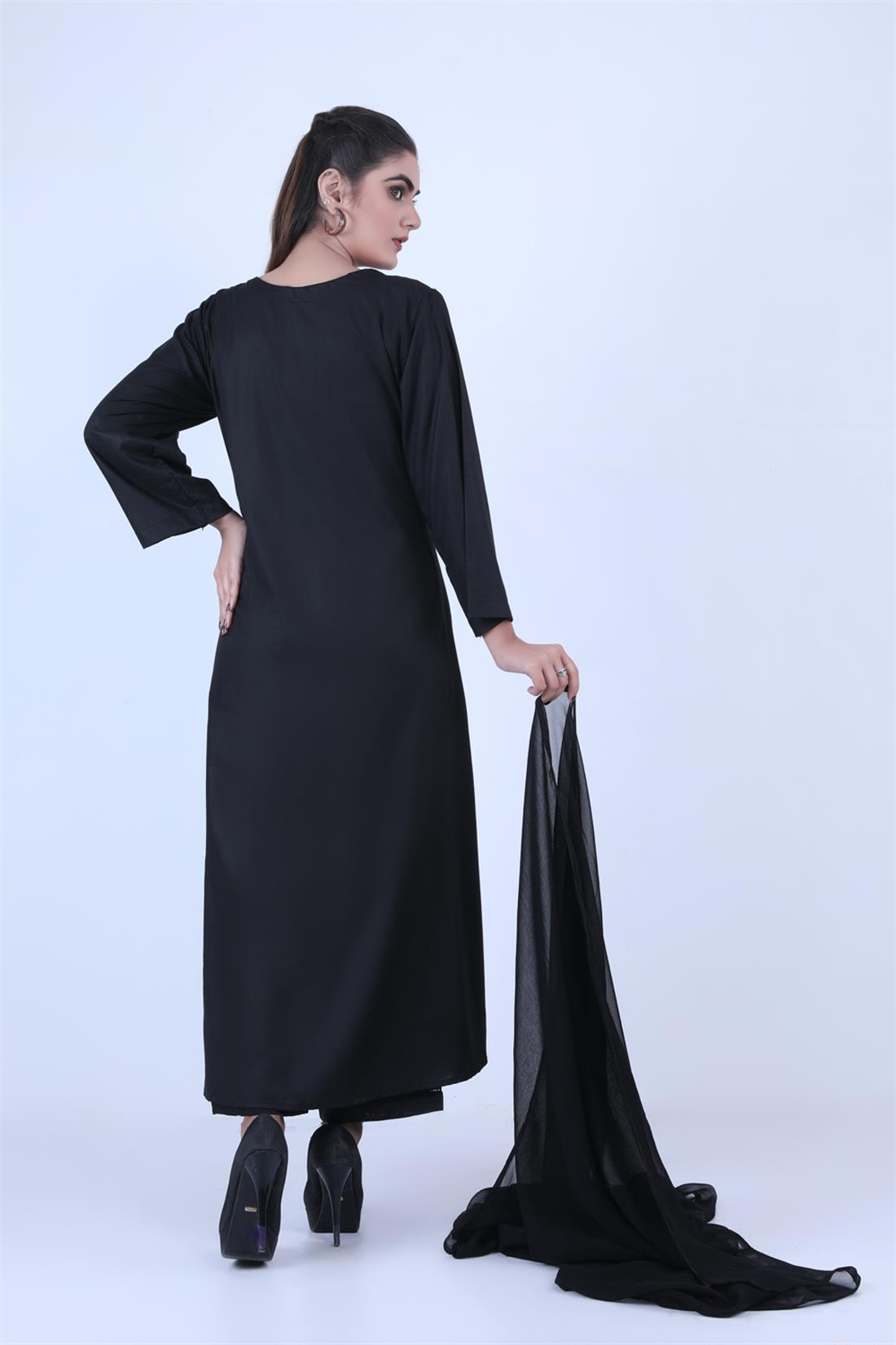Black Embroidered 3 Piece Linen Kameez with Chiffon Dupatta & Trouser