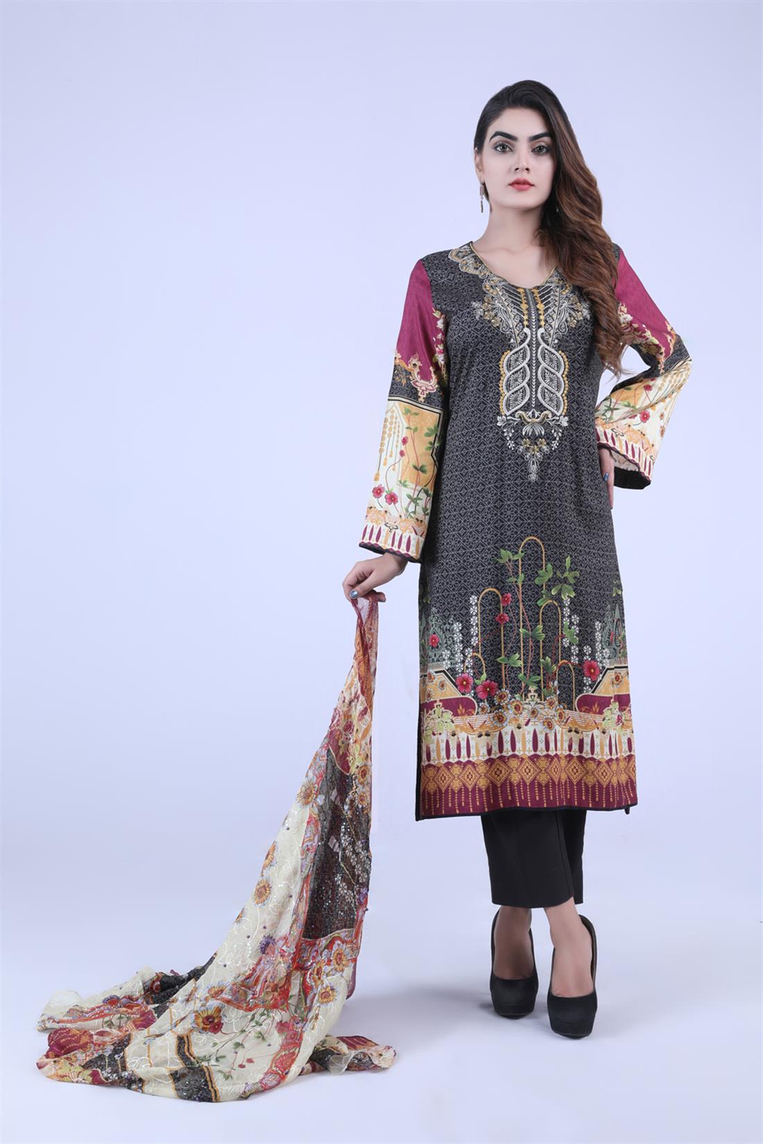 Black Embroidered Chiffon 3 Piece Printed Kameez with Dupatta & Trouser