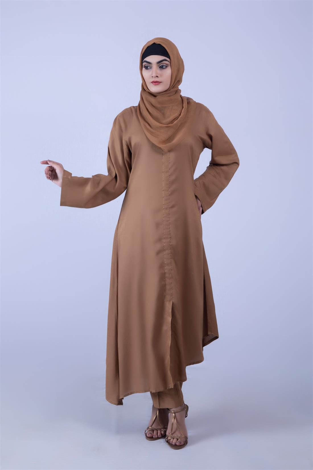 Camel 3 Piece Linen Suit with Chiffon Dupatta & Trouser