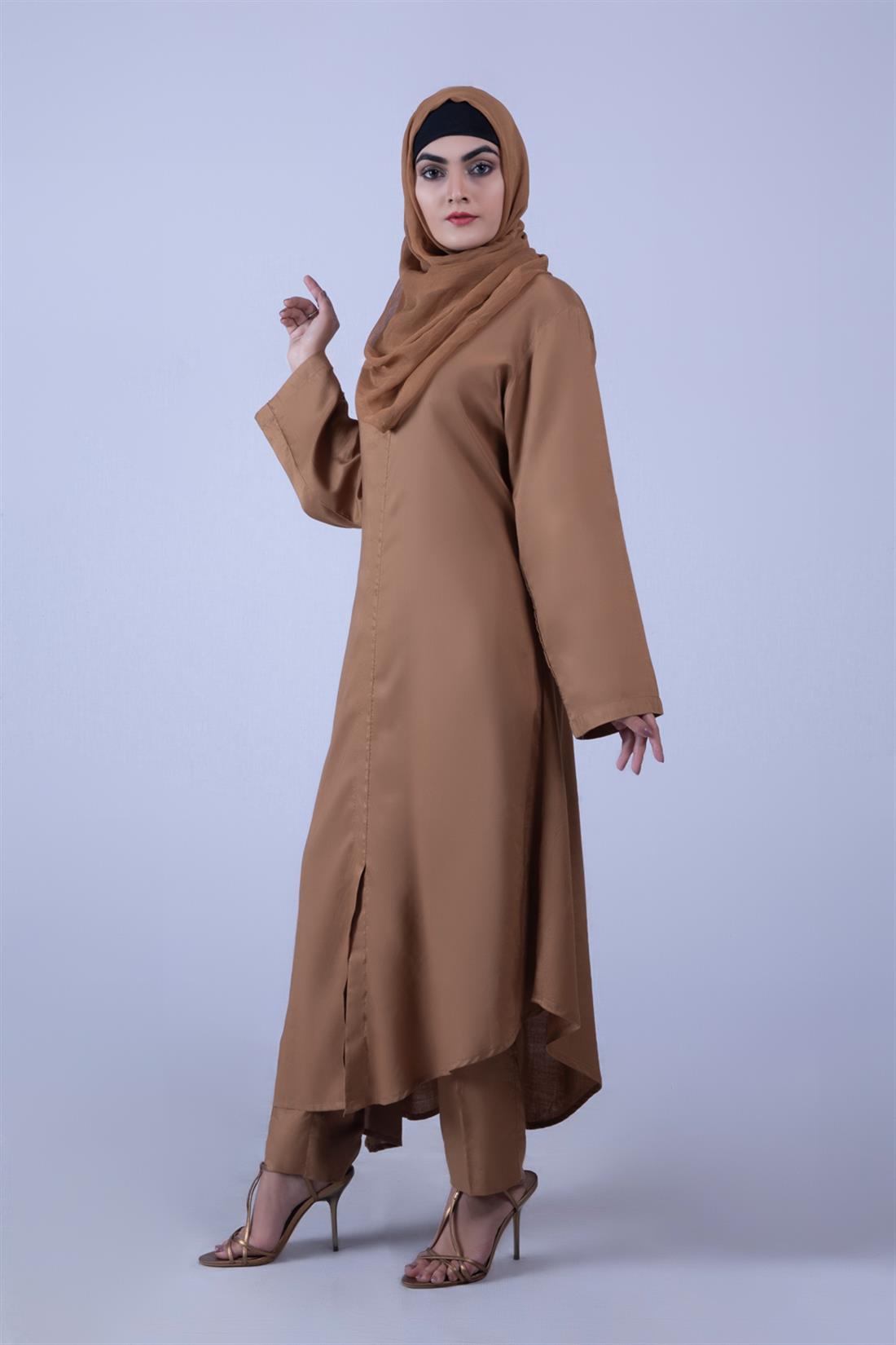 Camel 3 Piece Linen Suit with Chiffon Dupatta & Trouser