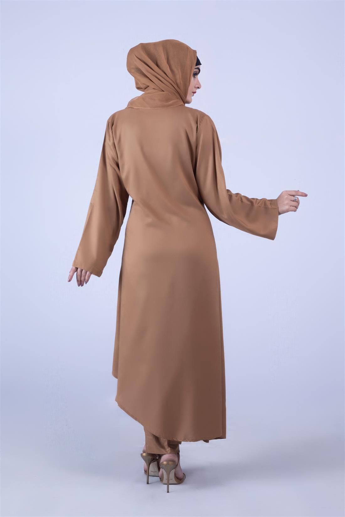 Camel 3 Piece Linen Suit with Chiffon Dupatta & Trouser