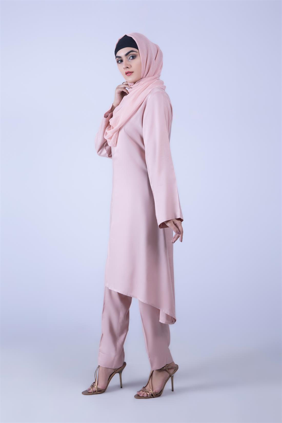 Tea Pink 3 Piece Linen Suit with Chiffon Dupatta & Trouser