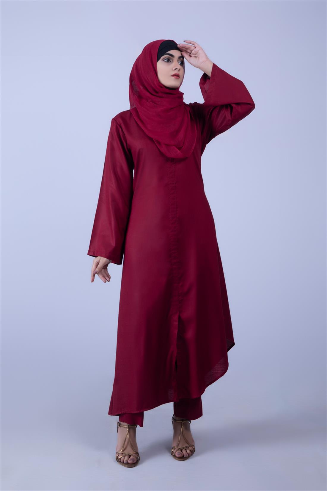 Maroon 3 Piece Linen Suit with Chiffon Dupatta & Trouser