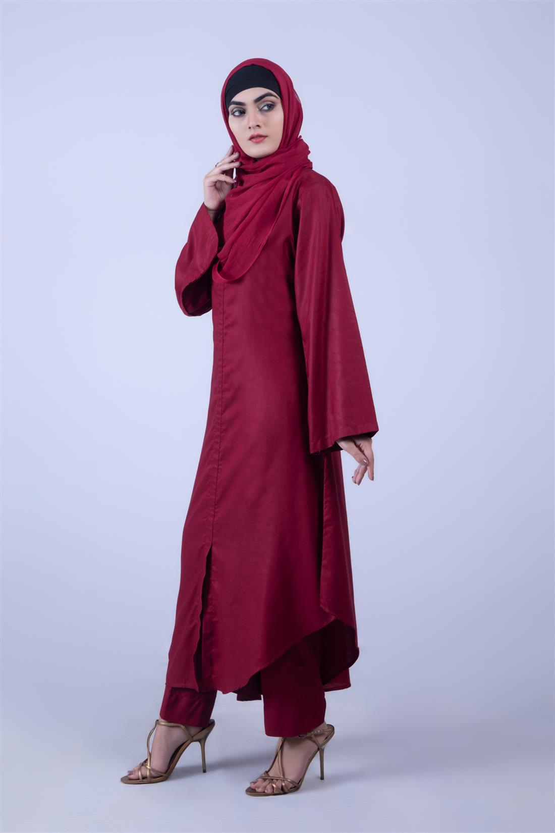 Maroon 3 Piece Linen Suit with Chiffon Dupatta & Trouser