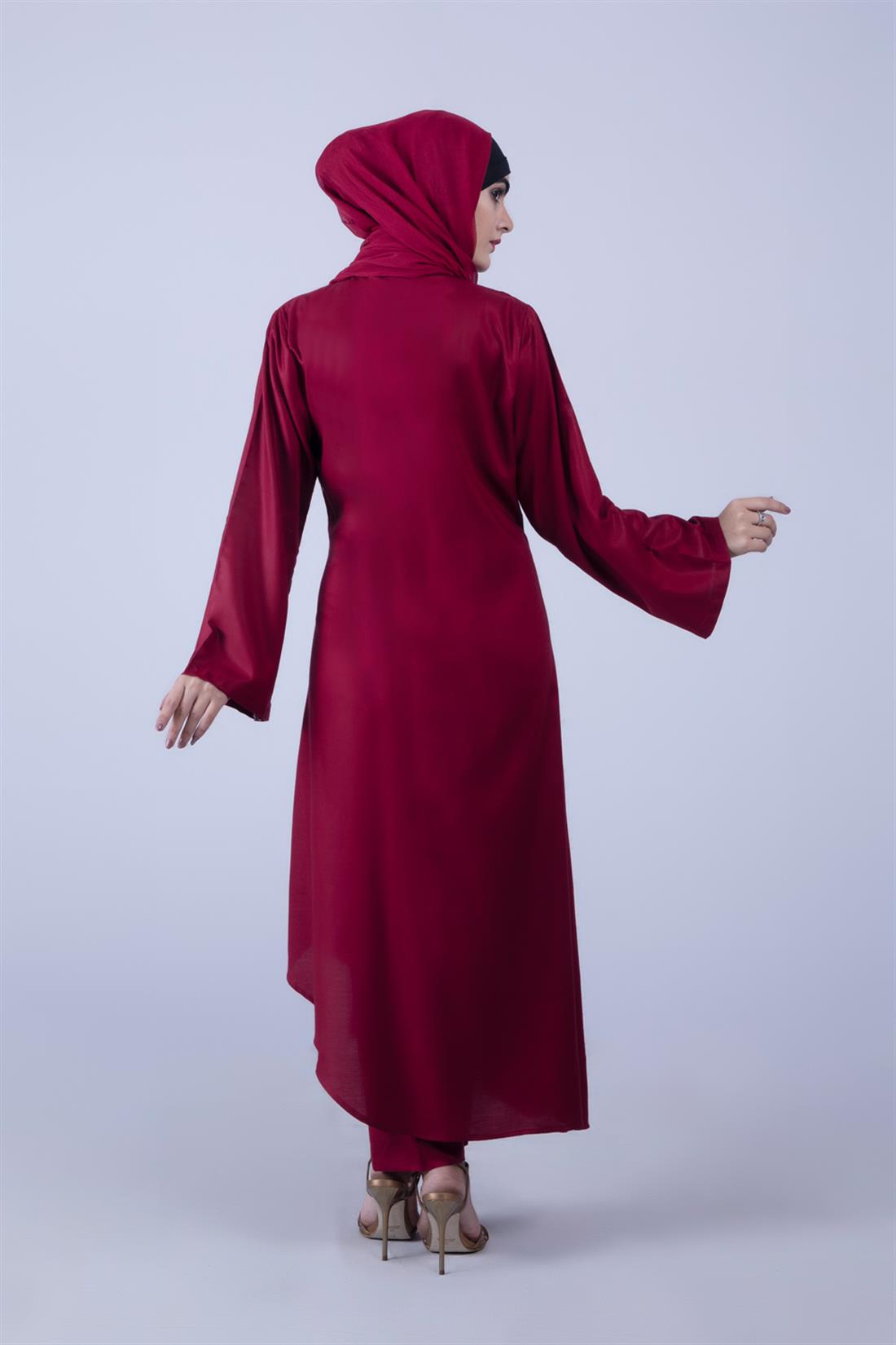 Maroon 3 Piece Linen Suit with Chiffon Dupatta & Trouser