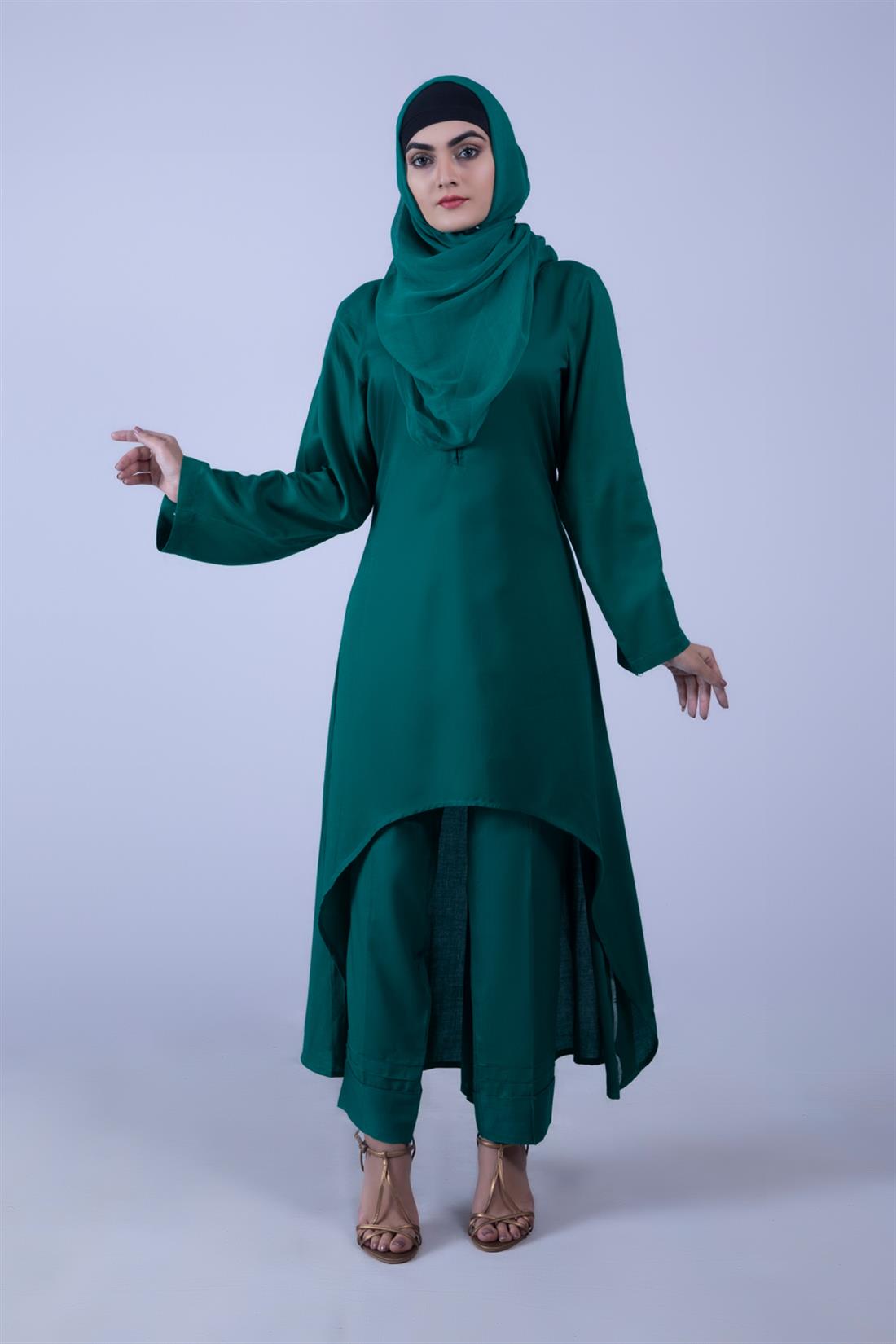 Bottle Green Linen Suit with Chiffon Dupatta & Trouser